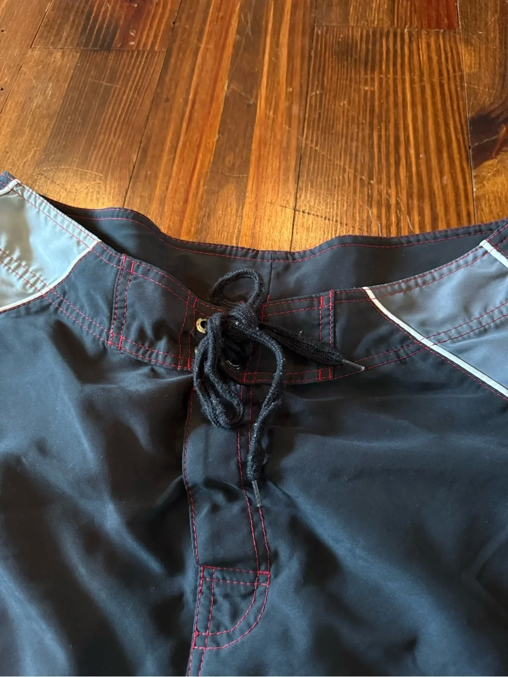 Arizona Jean Company Black Swim Board Shorts with Red and Gray Panels
